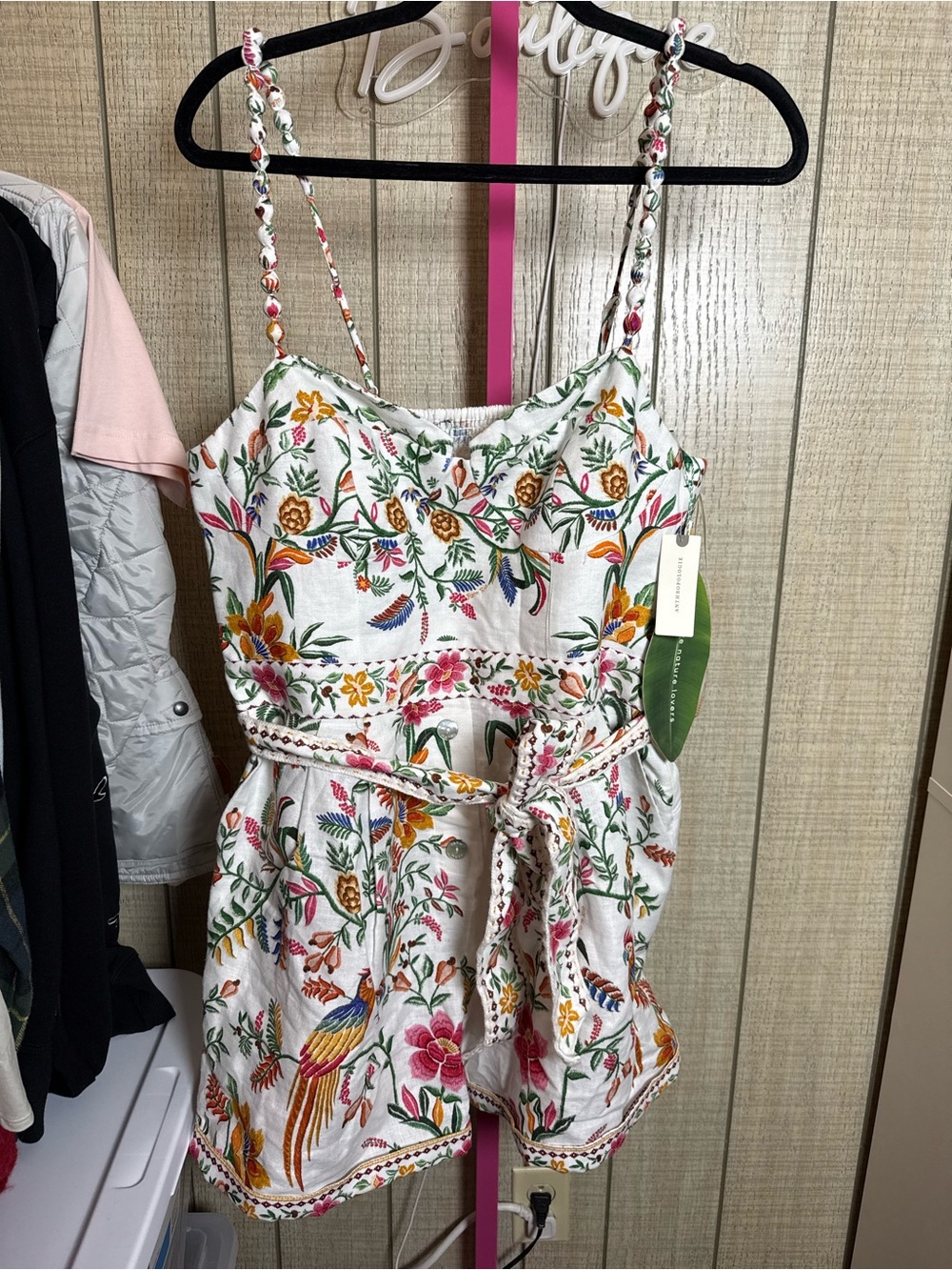 FARM Rio Women's Delicate Forest Linen Romper with Self-Tie Belt & Side zipper - Picture 2 of 6